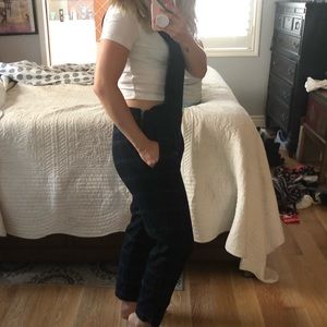 Blue plaid wool blend overalls